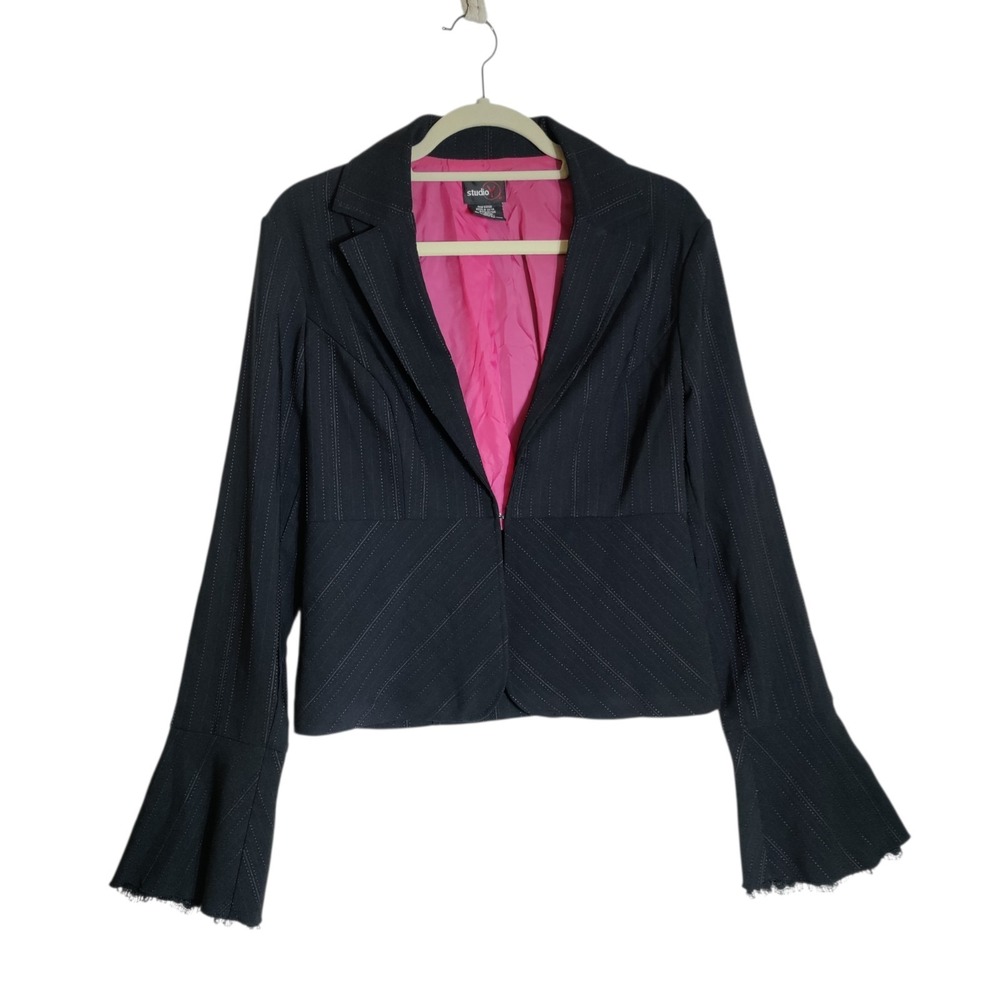 Vintage Y2k Studio Y Black Bell Sleeve Blazer Pink Pin Strip Size XL Office Goth
